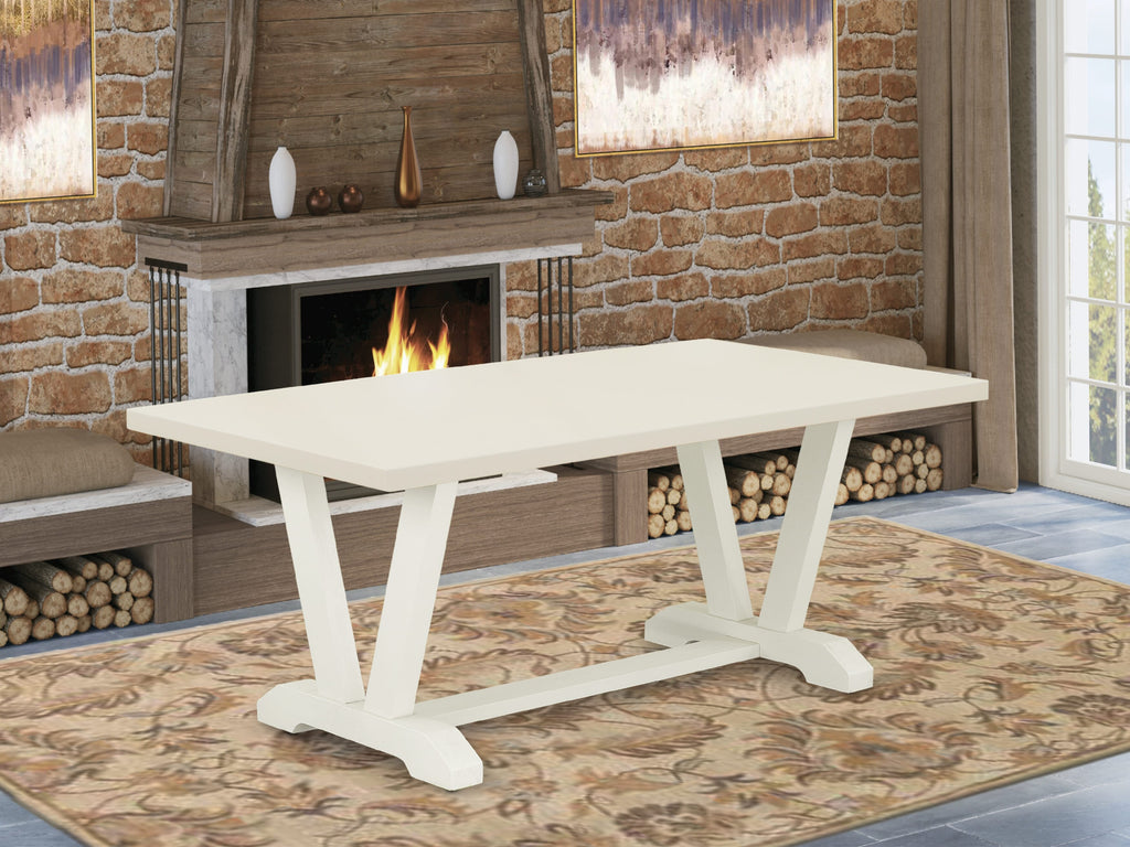 V027VN3SH-2 Dining Set Rectangle Table with V-Legs & 4 Grey Linen Chairs + Bench, 6 Pieces
