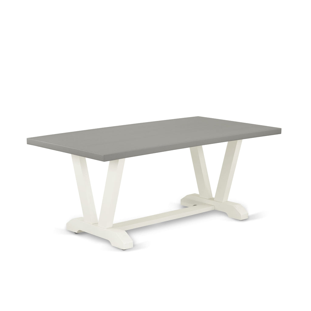 V097DNOWI-H Dining Set 6-Piece Set with Rectangular Table, V-Legs, 4 Linen Chairs, and Bench, Multi-Hue Bliss