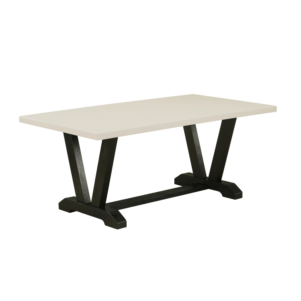 Stylish V627X357K-1 5-Piece Dining Ensemble Linen White Table with Wire-Brushed Black Finish and Chic Faux Leather Chairs