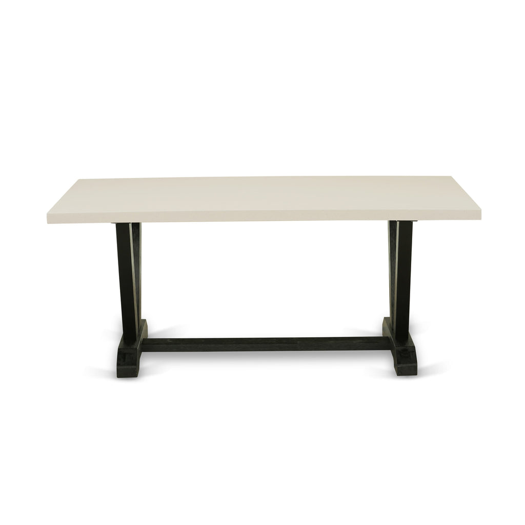 V627XO1QX-V 6-Piece Dining Set White Table & Bench with Black Chairs featuring Linen Fabric in Wire-Brushed Finish