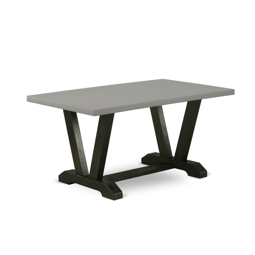V696FVLPC-8 Elegant Dining Ensemble with Rectangular Wooden Table and Linen Seats, Six-Piece Furniture Set Featuring V-Legs and Multi-Shade Upholstery