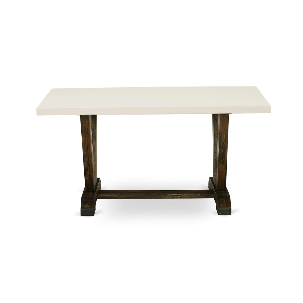 Contemporary Dining Ensemble V726MX4ZR-8 Rectangular Table with V-Legs & 6 Upholstered Linen Chairs
