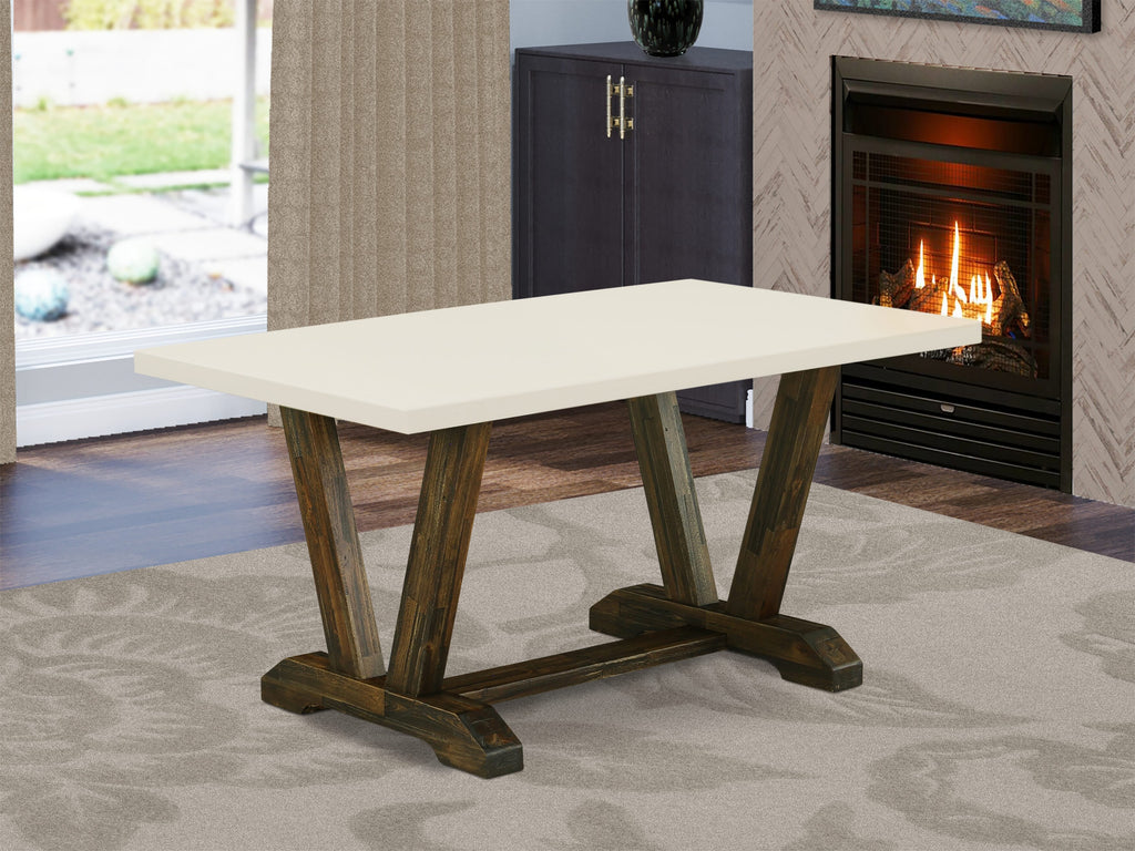 Contemporary Dining Ensemble V726MX4ZR-8 Rectangular Table with V-Legs & 6 Upholstered Linen Chairs