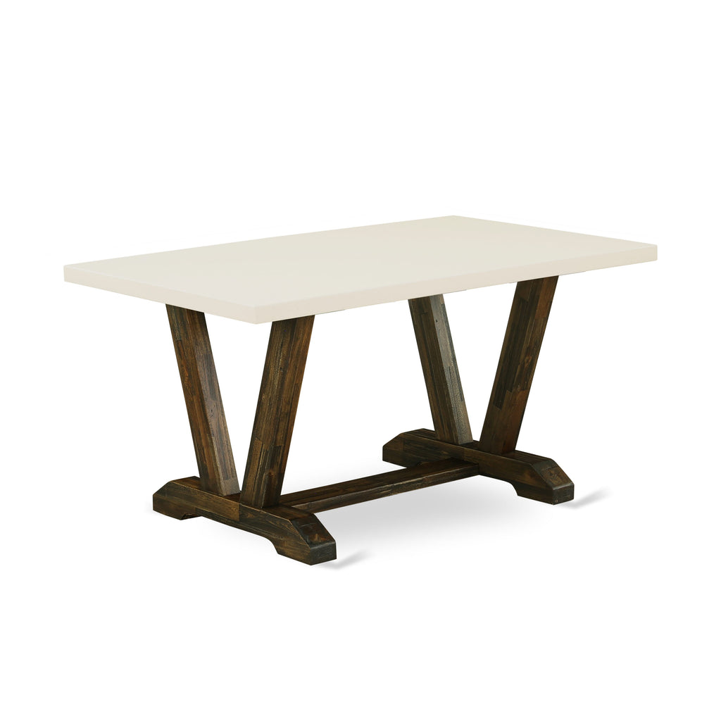 Contemporary Dining Ensemble V726MX4ZR-8 Rectangular Table with V-Legs & 6 Upholstered Linen Chairs