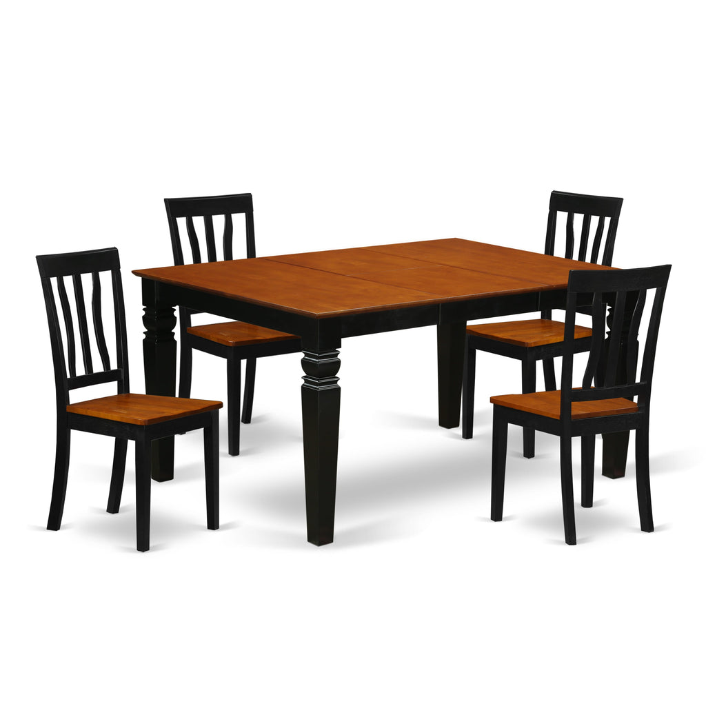 WEAN5-4AQ-T 5 Piece Dining Set Rectangle Table with Leaf and 4 Chairs, 42x60 Inch, Black & Cherry