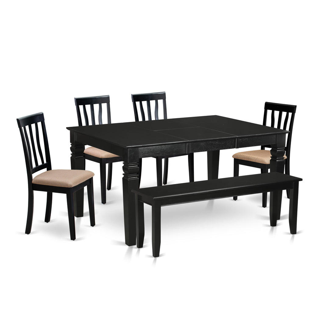 WEAN6S-NQ1-B Chic 6-Piece Dining Ensemble Featuring Extendable Table, Upholstered Seats & Bench