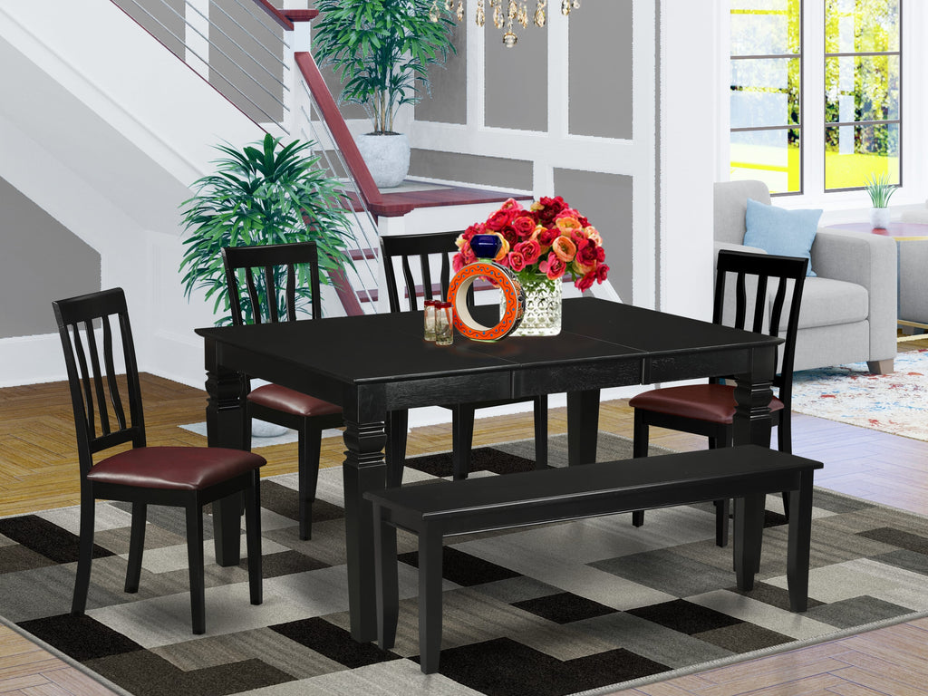 WEAN69-DC7-XE 6 Piece Dining Ensemble Rectangle Table, 4 Faux Leather Chairs, and Bench in Black, 42x60