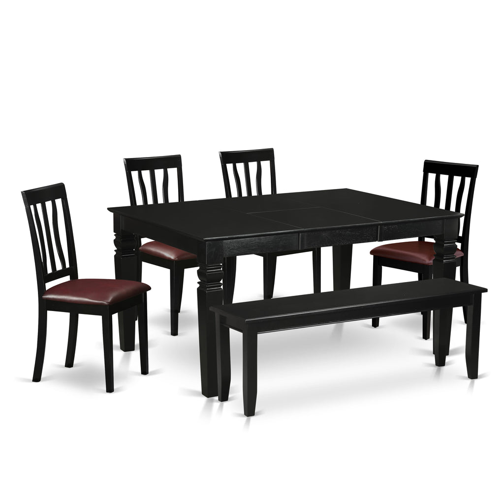 WEAN69-DC7-XE 6 Piece Dining Ensemble Rectangle Table, 4 Faux Leather Chairs, and Bench in Black, 42x60