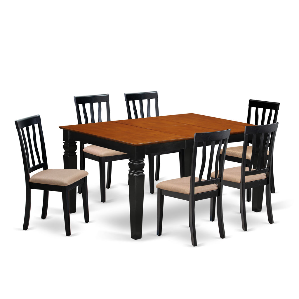 7P Dining Set WEAN7-9IY-O with Extendable Rectangle Table & Upholstered Chairs, Black & Cherry Finish