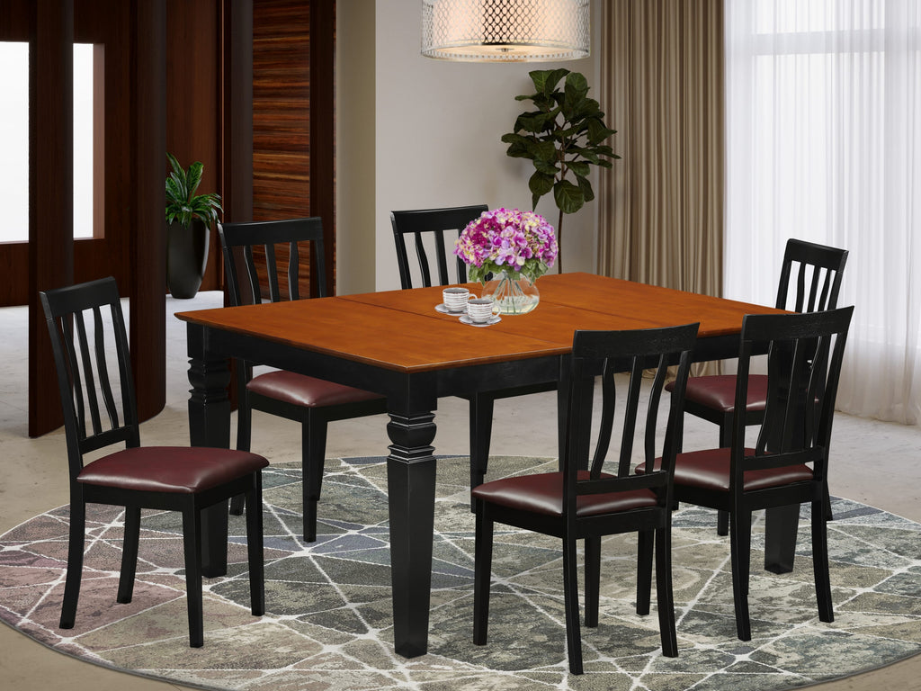 WEAN7-EED-79 Dining Ensemble - 7 Piece Set with Expandable Table & 6 Faux Leather Chairs, Black & Cherry