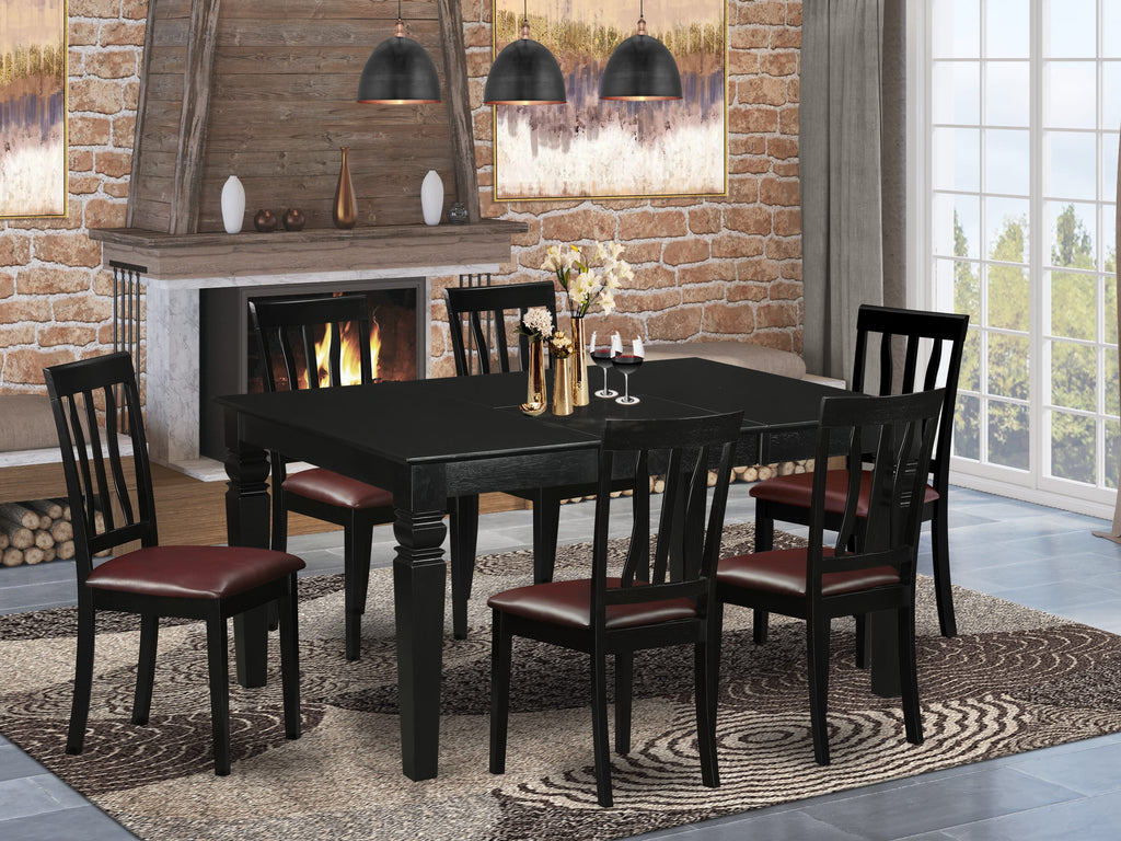WEAN7-DML-I5 7-Piece Dining Set with Rectangle Table, Extensible Leaf and 6 Upholstered Chairs, 42x60 Black Design