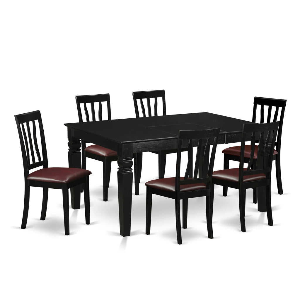 WEAN7-DML-I5 7-Piece Dining Set with Rectangle Table, Extensible Leaf and 6 Upholstered Chairs, 42x60 Black Design