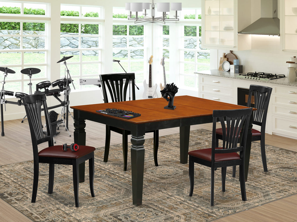 WEAV5-0R5-TO 5-Piece Dining Ensemble Rectangular Table with Butterfly Leaf & 4 Faux Leather Chairs, Black & Cherry, 42x60
