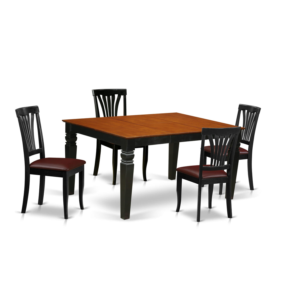 WEAV5-0R5-TO 5-Piece Dining Ensemble Rectangular Table with Butterfly Leaf & 4 Faux Leather Chairs, Black & Cherry, 42x60