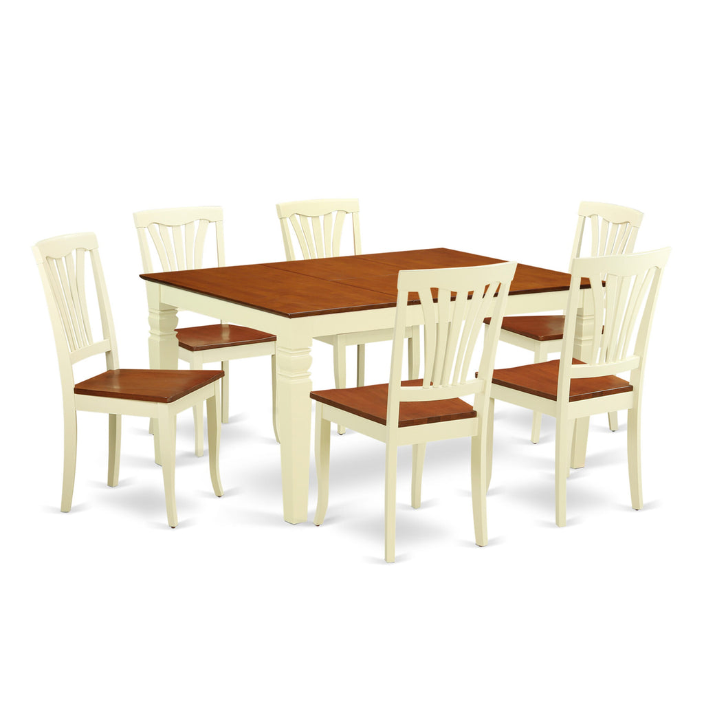 Dining Set WEAV7-H9L-0 Elegant 7-Piece Ensemble with Butterfly Extension and 6 Wood Chairs, Buttermilk & Cherry Finish