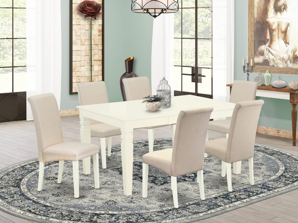 WEBA7-XS9-N1 7-Piece Dining Ensemble Rectangular Table with Extension Leaf & 6 Cream Linen Chairs, 42x60, White Finish
