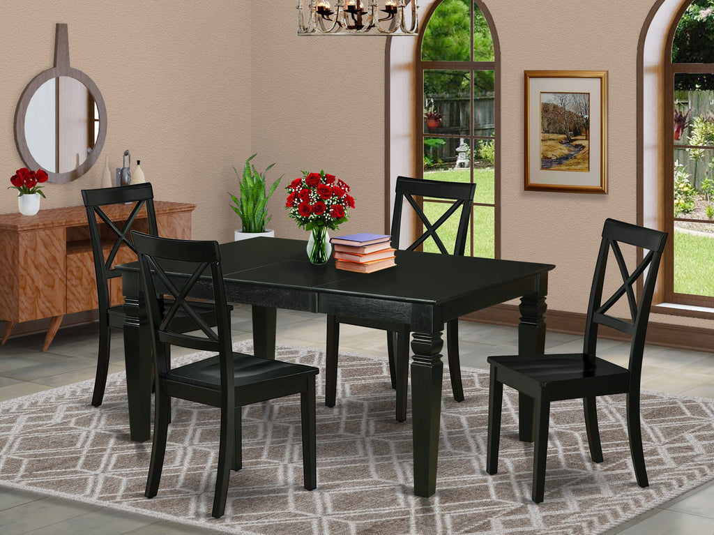 WEBO5-C6U-0 Elegant Rectangle Dining Set with Butterfly Leaf and 4 Chic Chairs, 42x60, in Classic Black