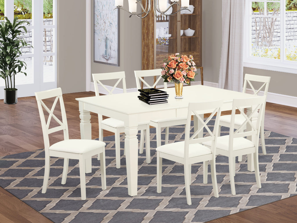 WEBO7-R22-IZ - Elegant 7-Piece Dining Ensemble Rectangular Table with Butterfly Feature & 6 Chairs, Classic Linen White