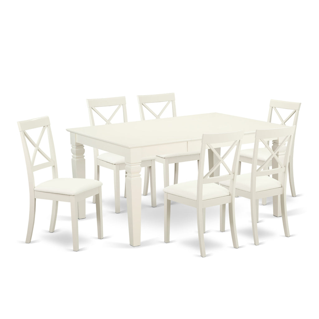 WEBO7-R22-IZ - Elegant 7-Piece Dining Ensemble Rectangular Table with Butterfly Feature & 6 Chairs, Classic Linen White