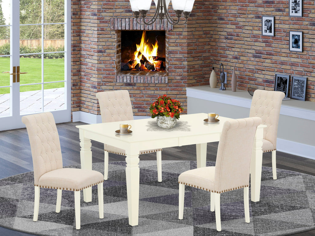 WEBR5-8OO-SA 5 Piece Dining Ensemble - Sleek Rectangle Table with Expandable Leaf and Plush Beige Chairs, 42x60, White