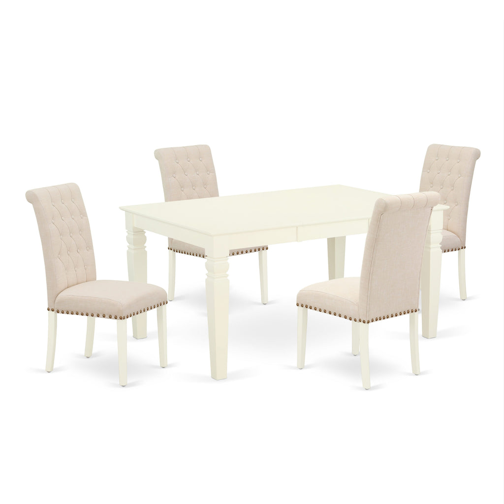 WEBR5-8OO-SA 5 Piece Dining Ensemble - Sleek Rectangle Table with Expandable Leaf and Plush Beige Chairs, 42x60, White