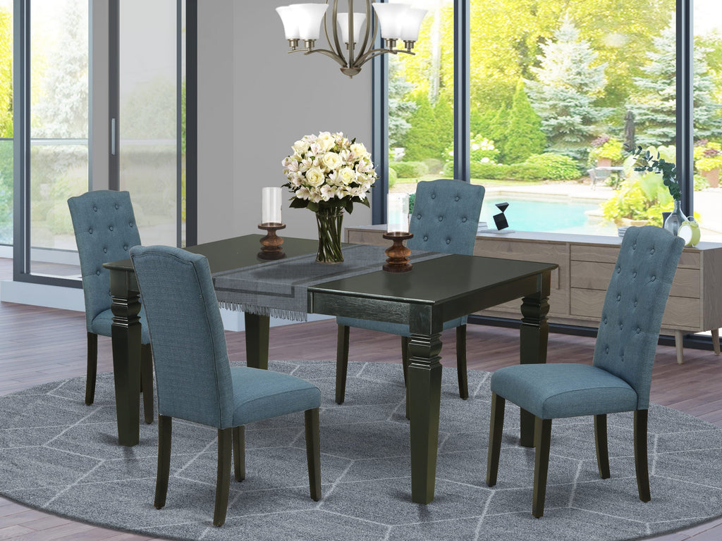 WECE5-QTY-FK 5-Piece Dining Ensemble Rectangle Table with Leaf & 4 Blue Parson Chairs, Black Finish, 42x60