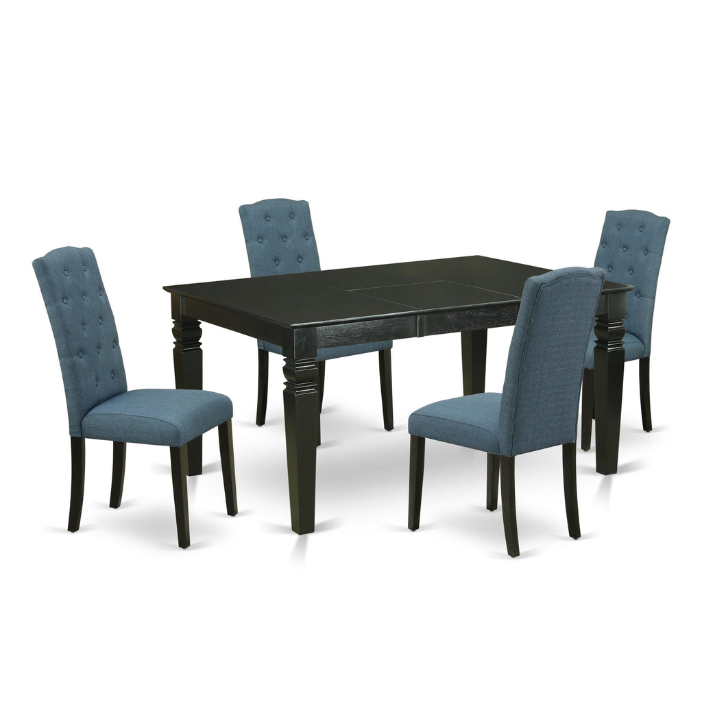 WECE5-QTY-FK 5-Piece Dining Ensemble Rectangle Table with Leaf & 4 Blue Parson Chairs, Black Finish, 42x60