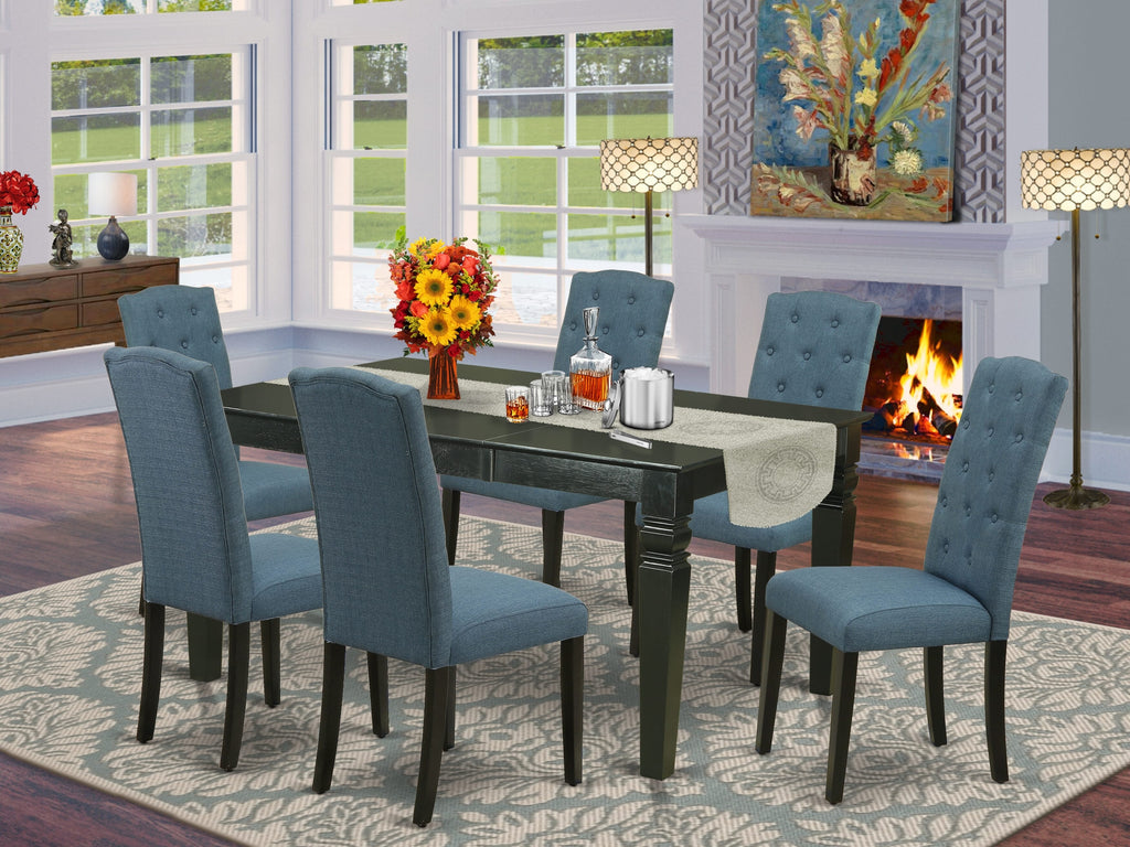 Dining Set WECE7-XFS-VP Rectangular Table w/ Butterfly Leaf & 6 Blue Linen Parson Chairs - Black Finish