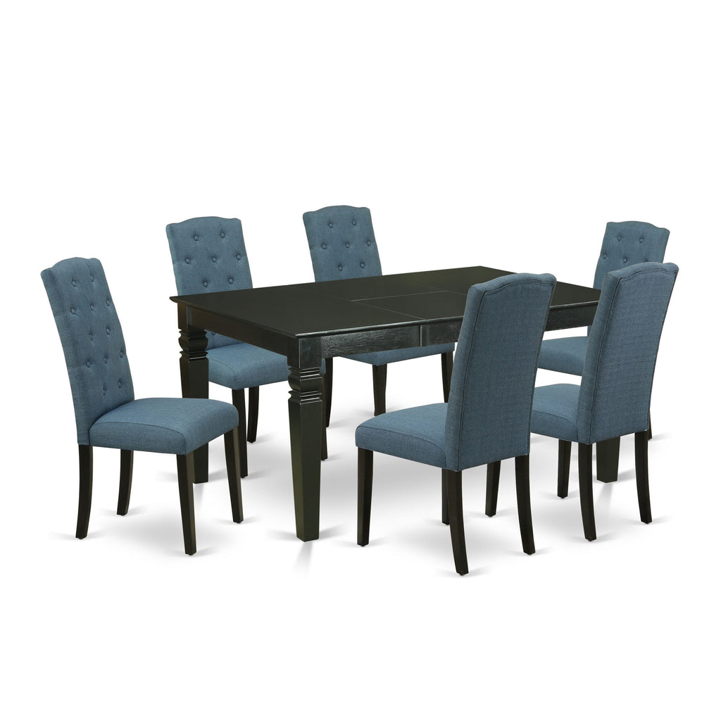 Dining Set WECE7-XFS-VP Rectangular Table w/ Butterfly Leaf & 6 Blue Linen Parson Chairs - Black Finish