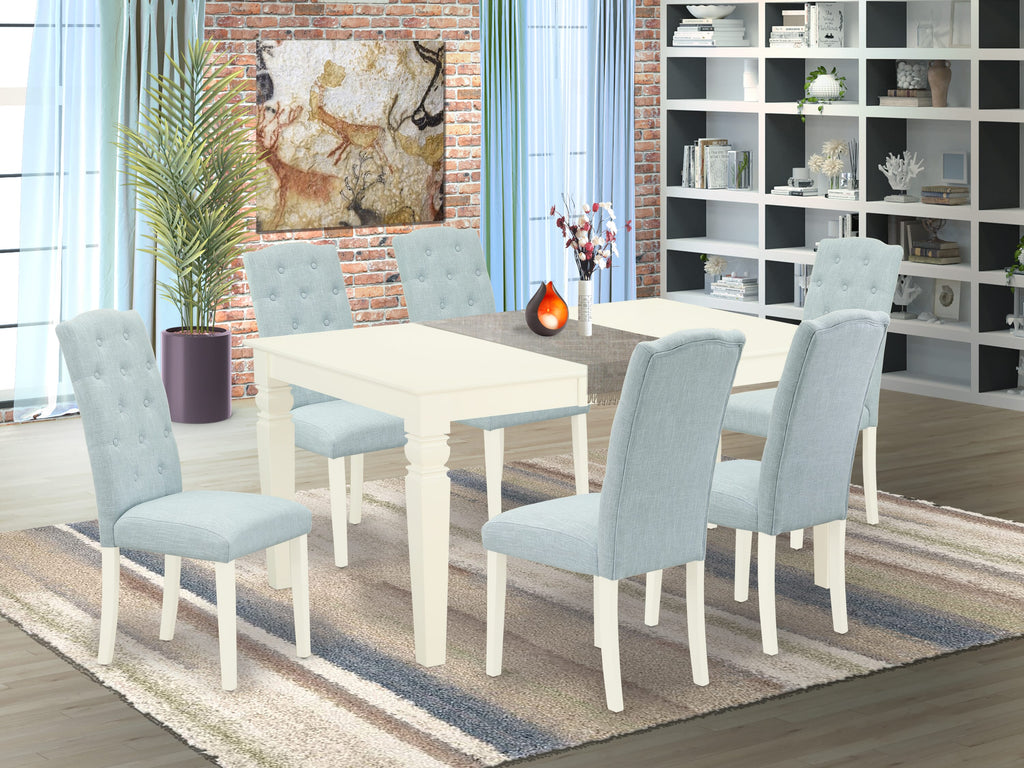 WECE7-YIK-CN 7-Piece Dining Ensemble Including Rectangular Table with Extendable Butterfly Leaf and Six Soft Baby Blue Linen Wrapped Chairs, 42x60, Linen White