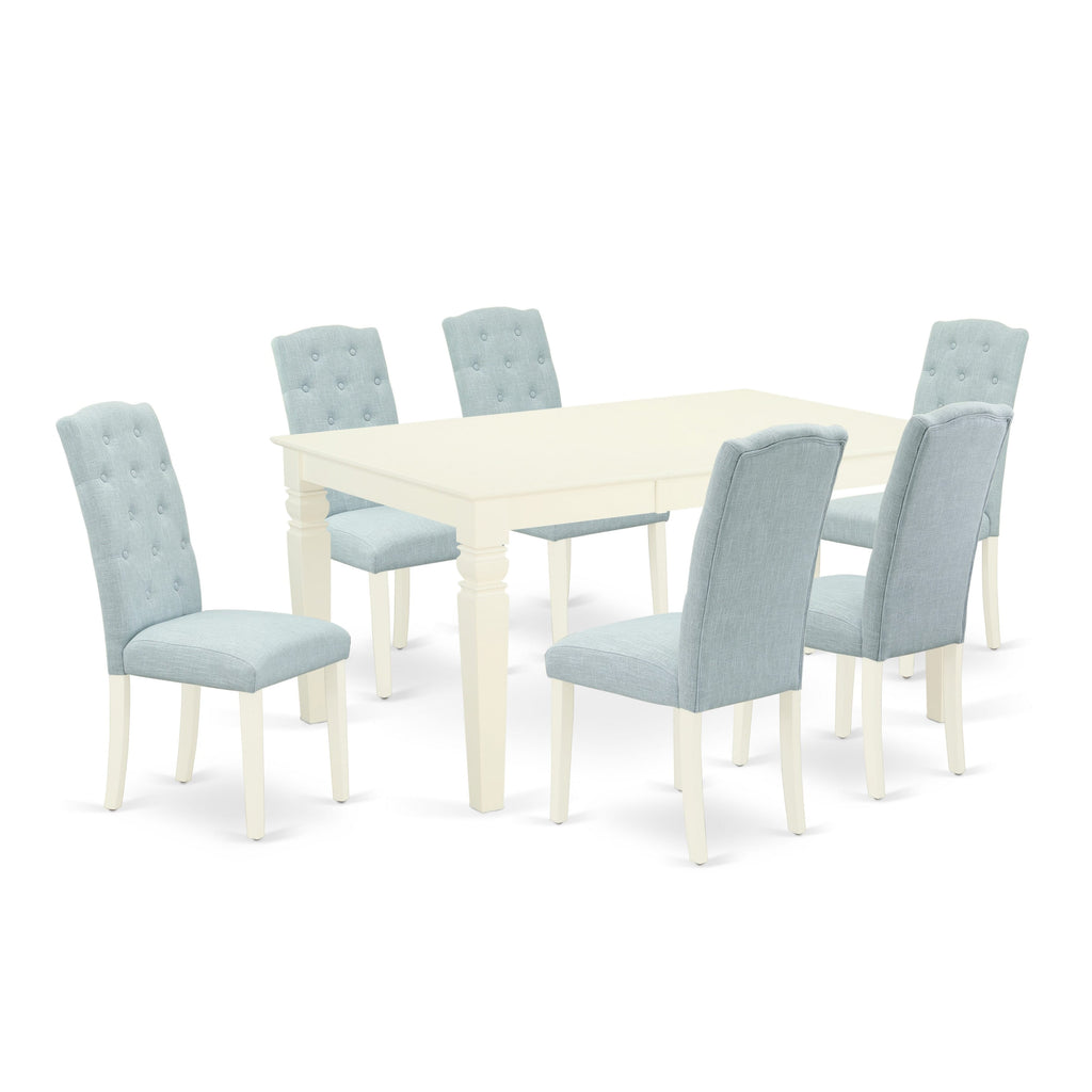 WECE7-YIK-CN 7-Piece Dining Ensemble Including Rectangular Table with Extendable Butterfly Leaf and Six Soft Baby Blue Linen Wrapped Chairs, 42x60, Linen White