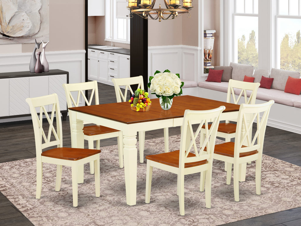 WECL7-HC5-R Elegant Dining Ensemble Rectangular Expandable Table & 6 Chairs Set, Buttermilk Cherry Finish
