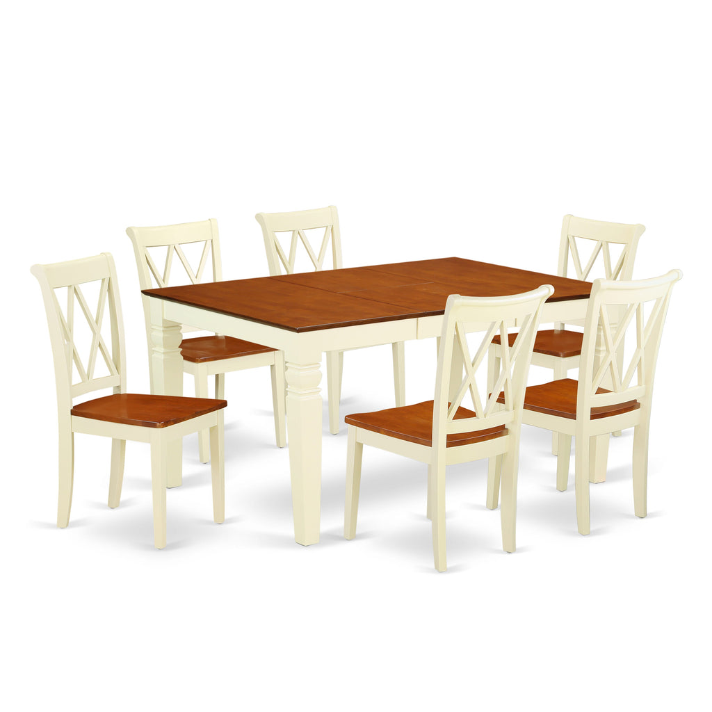 WECL7-HC5-R Elegant Dining Ensemble Rectangular Expandable Table & 6 Chairs Set, Buttermilk Cherry Finish