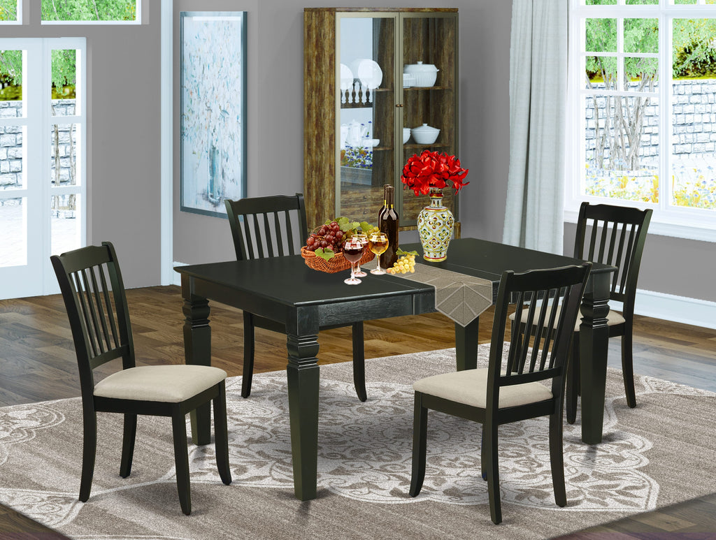 WEDA5-6Q6-0 5 Pc Dining Set Black Rectangular Table with Butterfly Leaf & 4 Fabric Chairs, 42x60