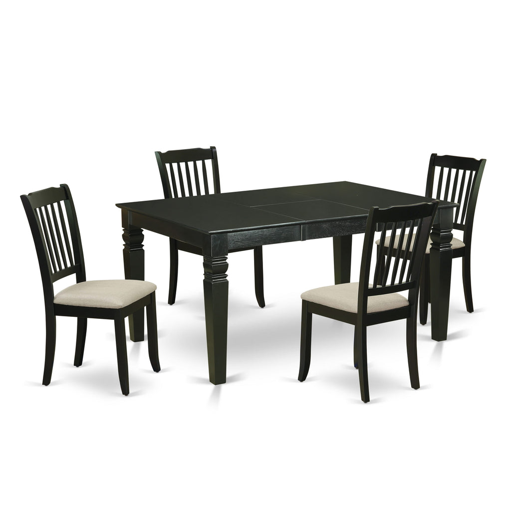 WEDA5-6Q6-0 5 Pc Dining Set Black Rectangular Table with Butterfly Leaf & 4 Fabric Chairs, 42x60