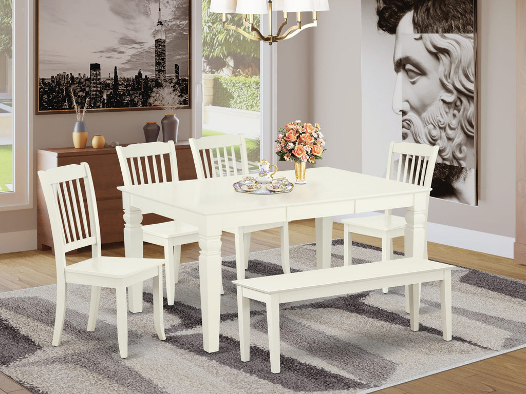 WEDA6-H46-B 6-Piece Dining Ensemble with Rectangular Table, Four Chairs, and One Bench in Elegant Linen White