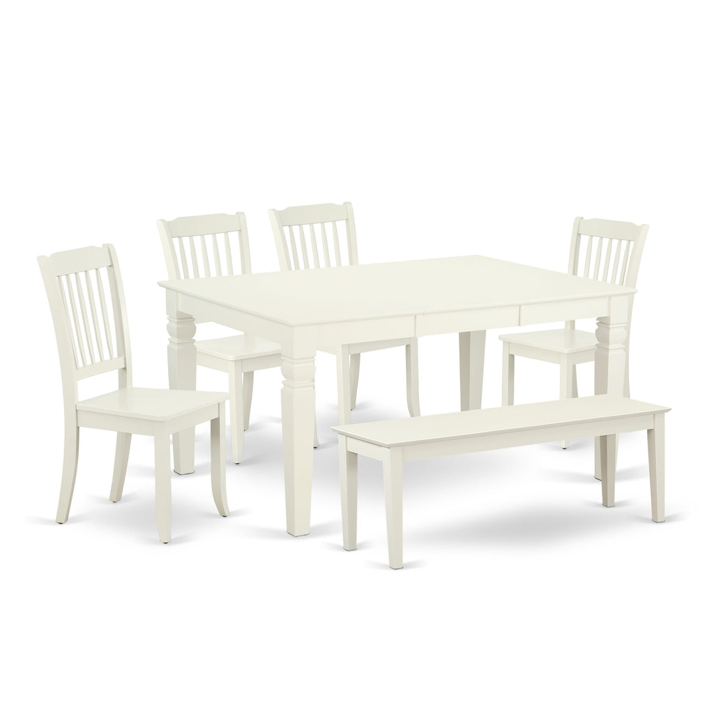 WEDA6-H46-B 6-Piece Dining Ensemble with Rectangular Table, Four Chairs, and One Bench in Elegant Linen White