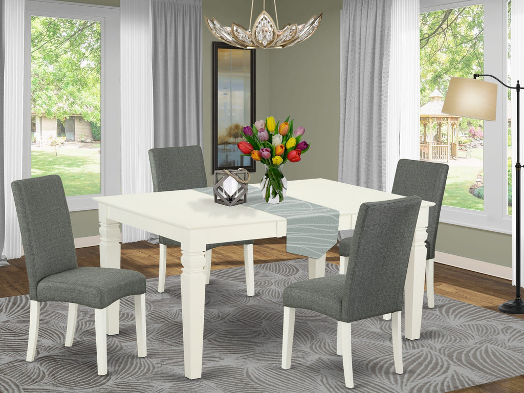 Explore WEDR5-3KH-J5 Dining Set Chic Rectangle Table & 4 Cushioned Linen Gray Seats, Expandable 42x60 White Design