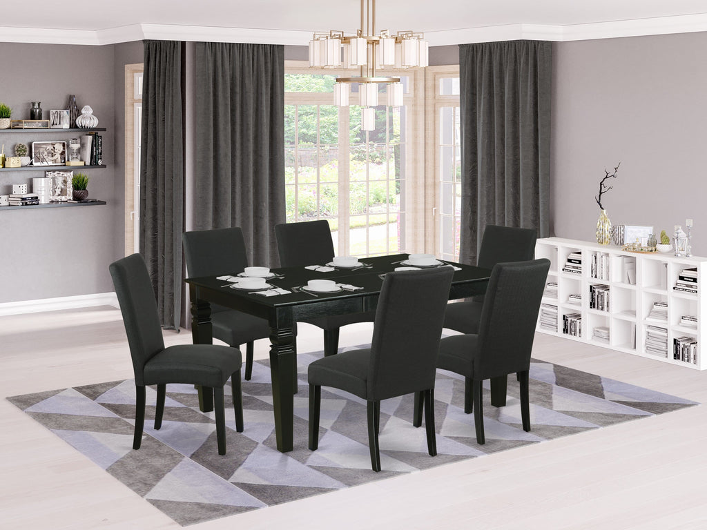 WEDR7-TLJ-GD 7-Piece Dining Ensemble with Rectangular Butterfly Leaf Table and Six Black Upholstered Chairs