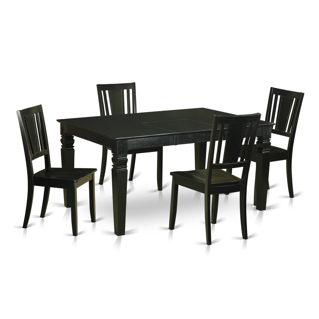 WEDU5-FNX-D 5-Piece Table Set with Butterfly Extension and 4 Chairs; 42x60 Inch Dining Room Ensemble in Ebony