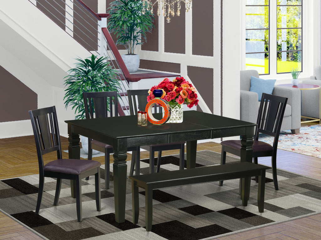 WEDU64-CXK-TD 6 Pc Set Expansive Dining Table with Butterfly Leaf, 4 Comfy Chairs & Bench, 42x60, Black Finish
