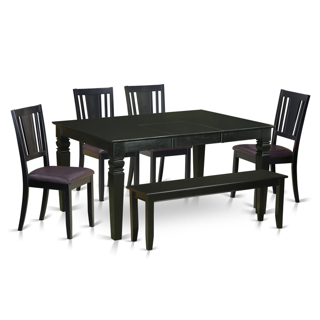 WEDU64-CXK-TD 6 Pc Set Expansive Dining Table with Butterfly Leaf, 4 Comfy Chairs & Bench, 42x60, Black Finish
