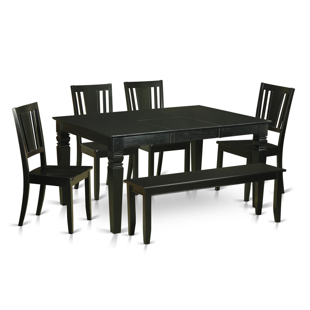 Dining Set WEDU68-U0M-P 6-Piece Table with Leaf, 4 Chairs + Bench, Black, 42x60