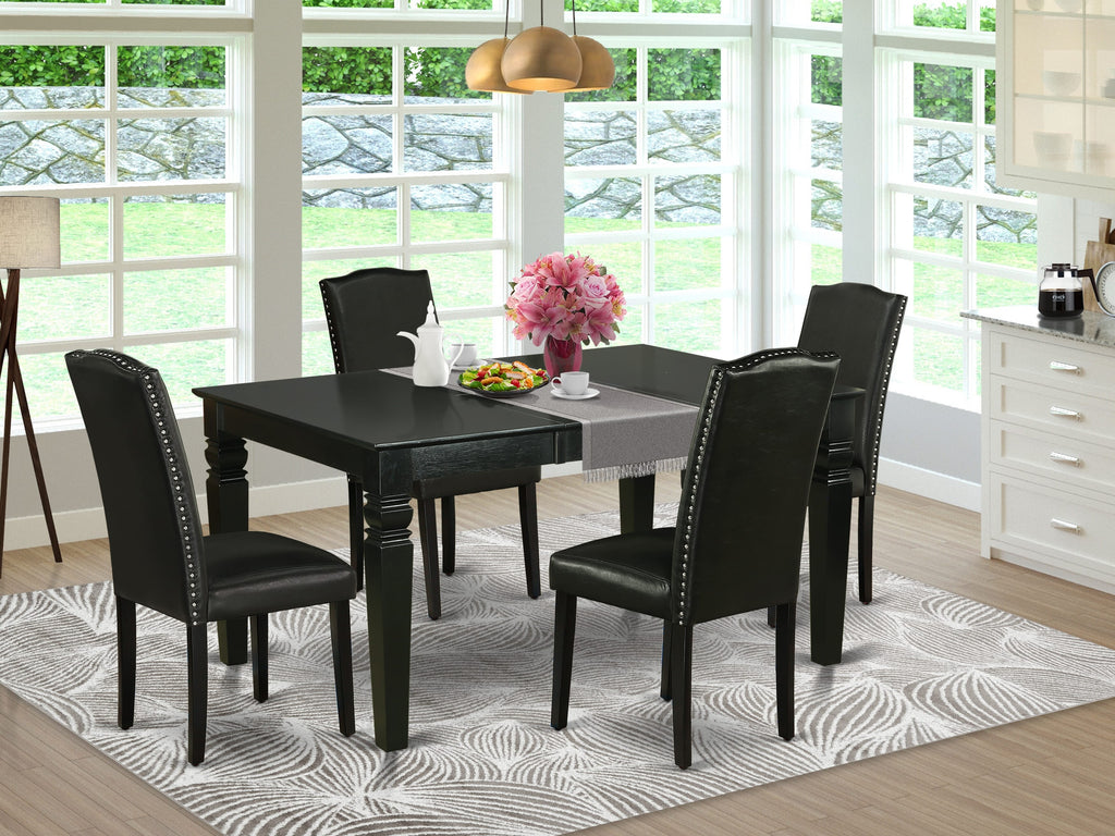 WEEN5-2W3-Z2 5 Piece Dining Set Rectangular Table with Extension Leaf and 4 Black Faux Leather Seats, 42x60