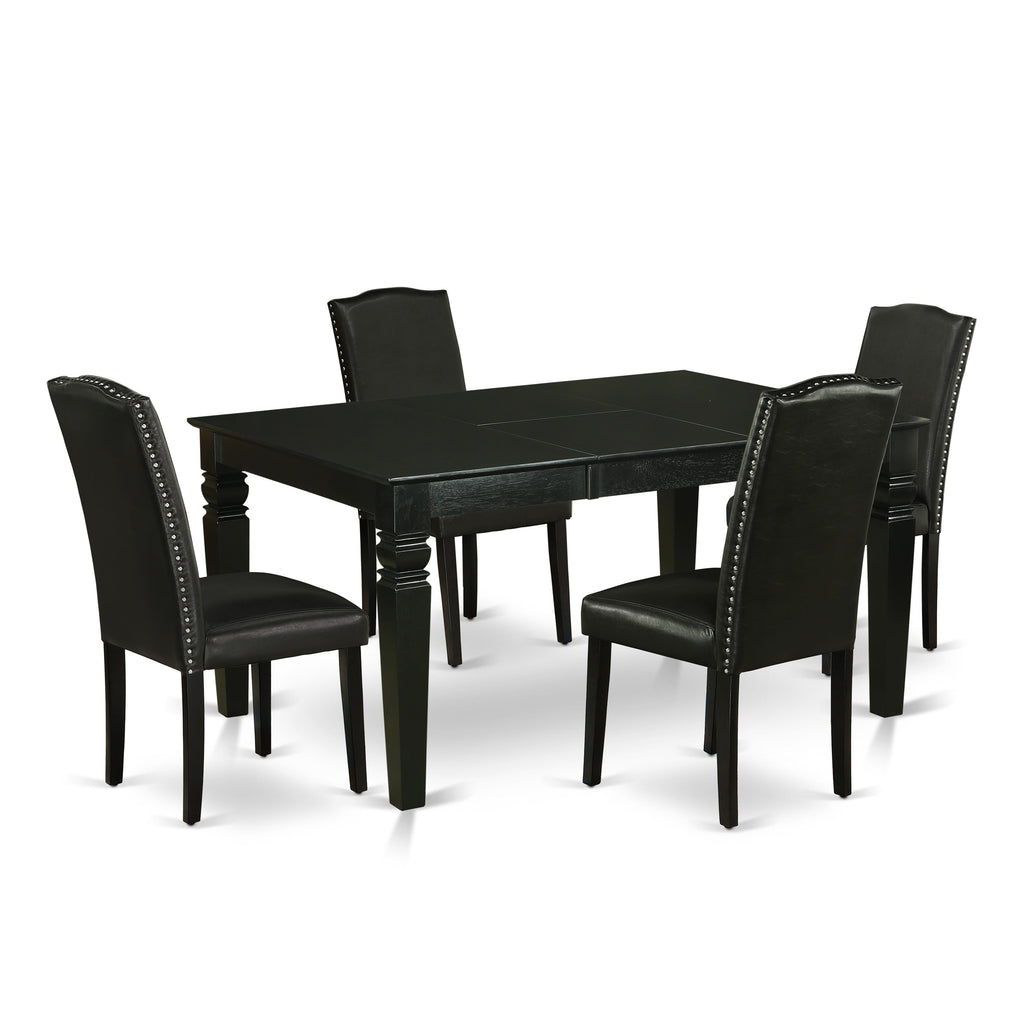 WEEN5-2W3-Z2 5 Piece Dining Set Rectangular Table with Extension Leaf and 4 Black Faux Leather Seats, 42x60