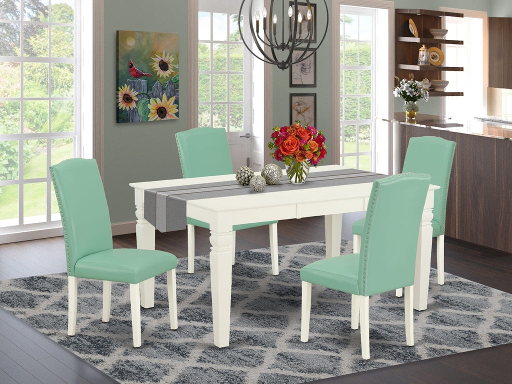 WEEN5-3BE-UF 5 Piece Dining Room Ensemble with Rectangular Table Featuring Extendable Leaf and 4 Beige Faux Leather Seats, 42x60, Pearl White Finish