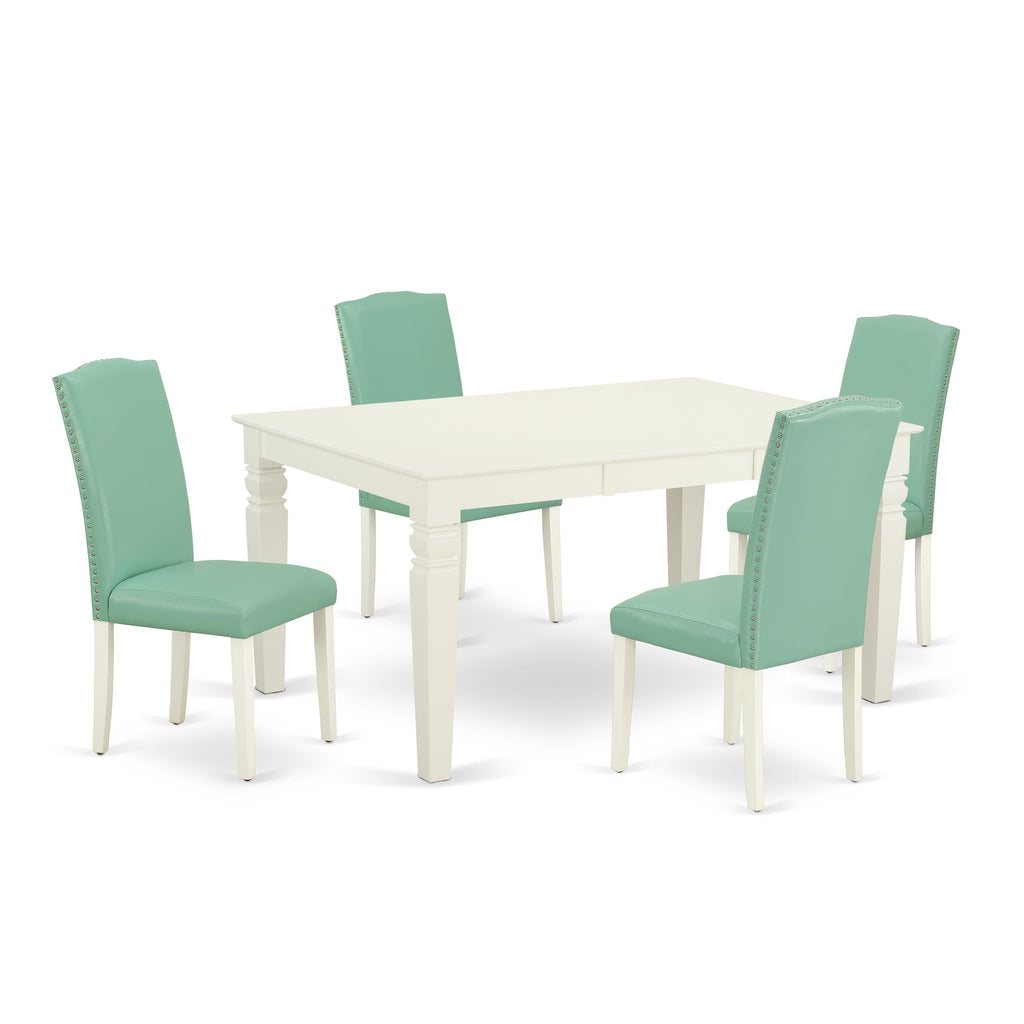 WEEN5-3BE-UF 5 Piece Dining Room Ensemble with Rectangular Table Featuring Extendable Leaf and 4 Beige Faux Leather Seats, 42x60, Pearl White Finish