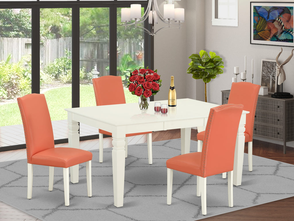 WEEN5-JD0-0E 5-Piece Dining Set with 4 Pink Flamingo Chairs and Extendable Table, Linen White Finish, 42x60 Inch