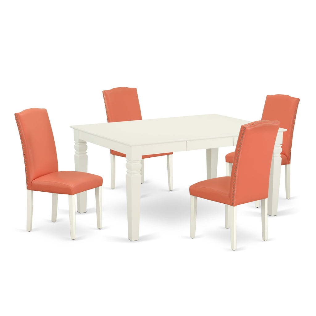 WEEN5-JD0-0E 5-Piece Dining Set with 4 Pink Flamingo Chairs and Extendable Table, Linen White Finish, 42x60 Inch