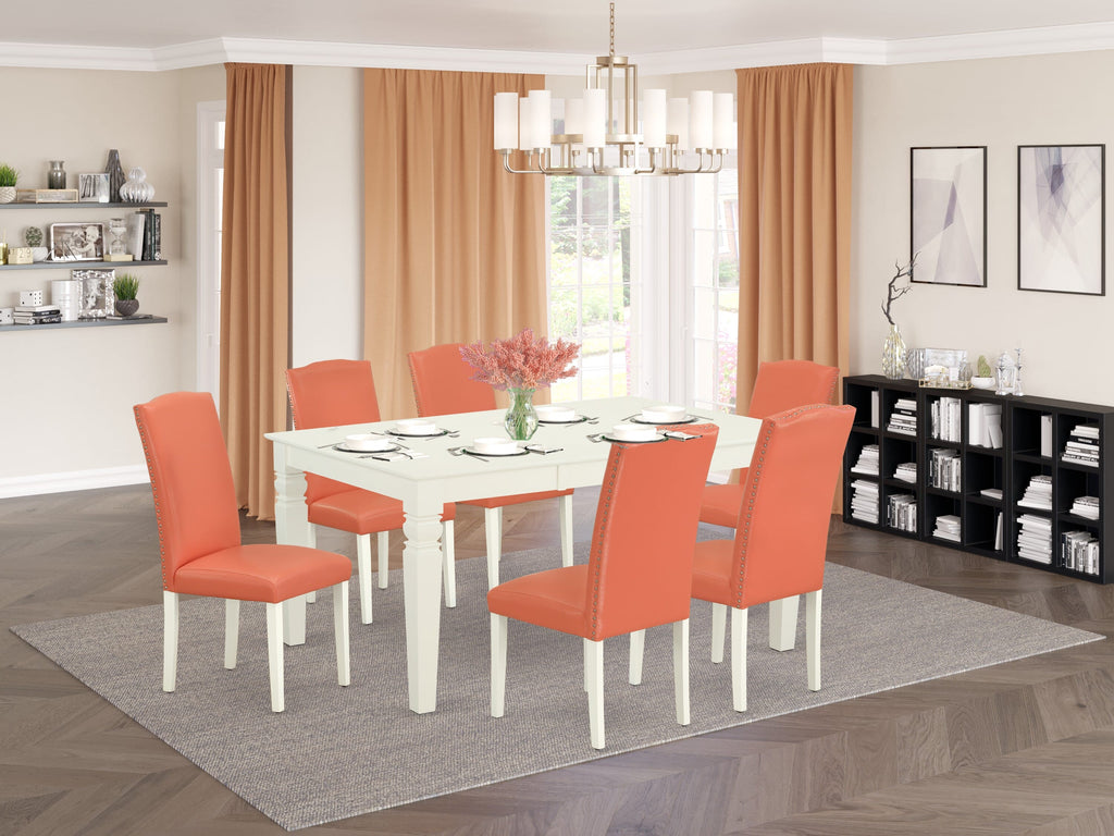 WEEN7-BP0-6Z Chic 7-Piece Dining Ensemble with Rectangular Butterfly Leaf Table and 6 Flamingo Faux Leather Chairs in Elegant White